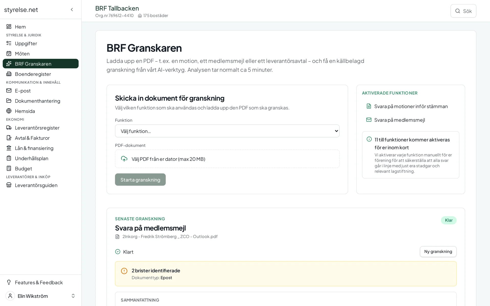 Skärmbild från BRF Granskaren i Styrelse.net