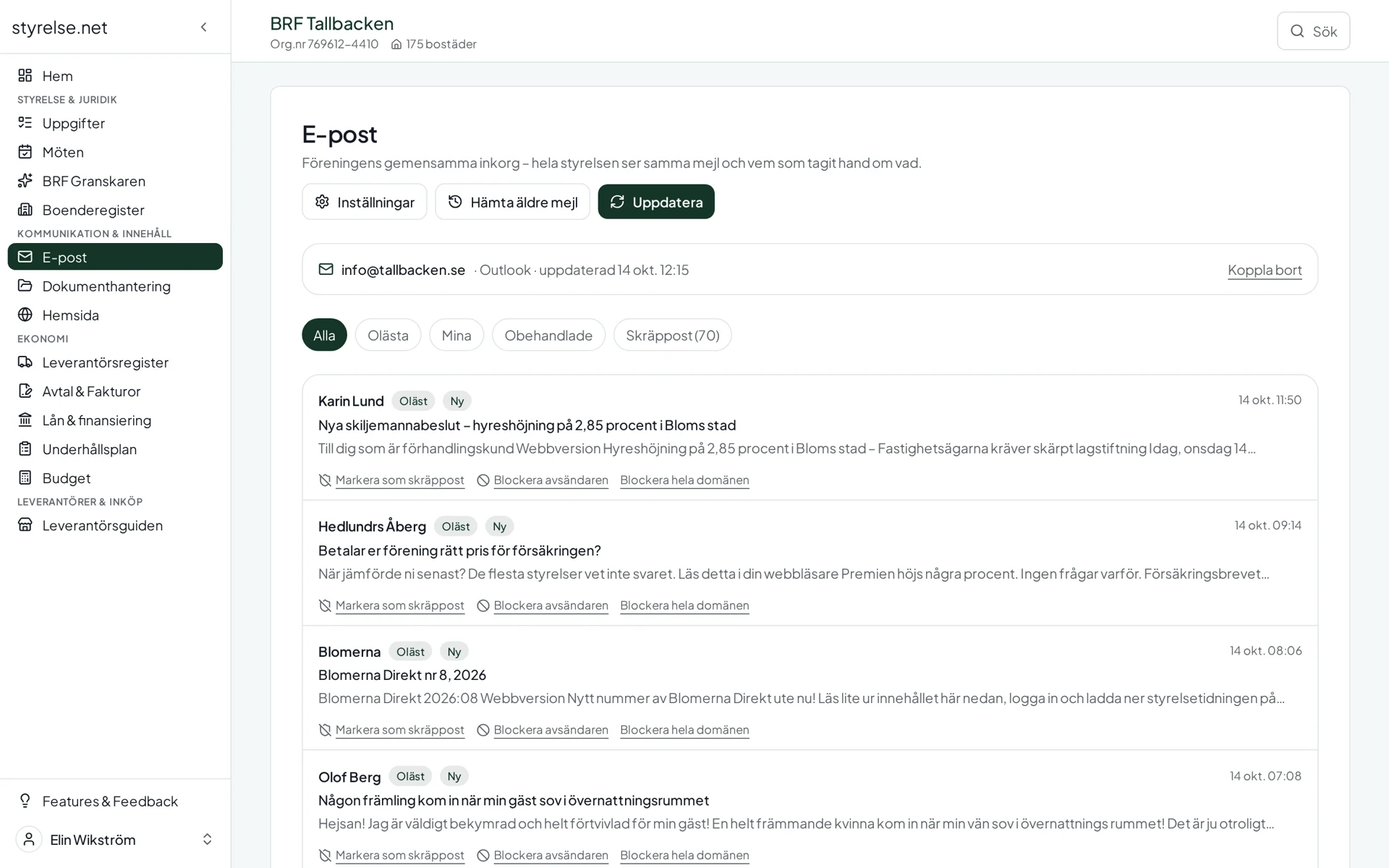 Skärmbild från E-post i Styrelse.net