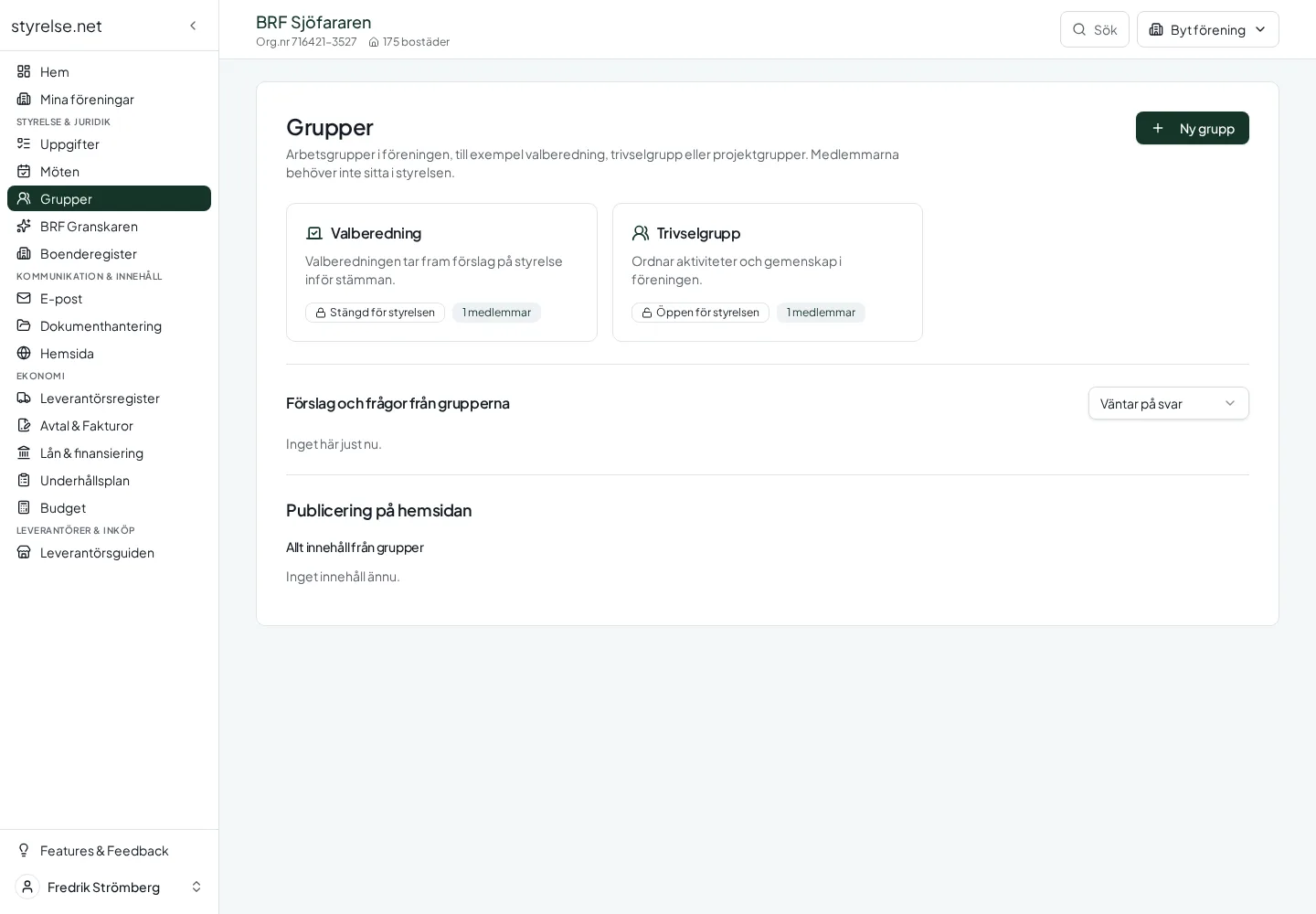 Skärmbild från Grupper i Styrelse.net