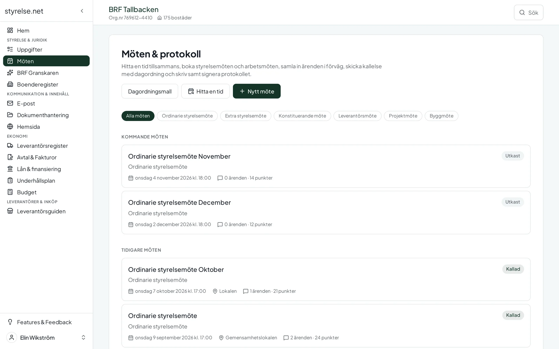 Skärmbild från Möten i Styrelse.net