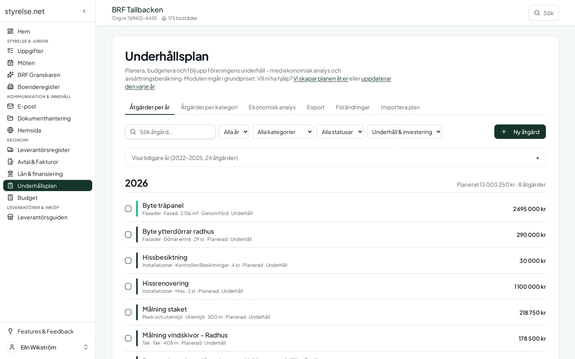 Skärmbild från Underhållsplan i Styrelse.net