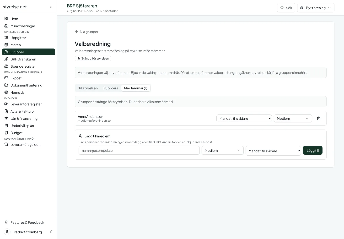 Skärmbild från Valberedning i Styrelse.net